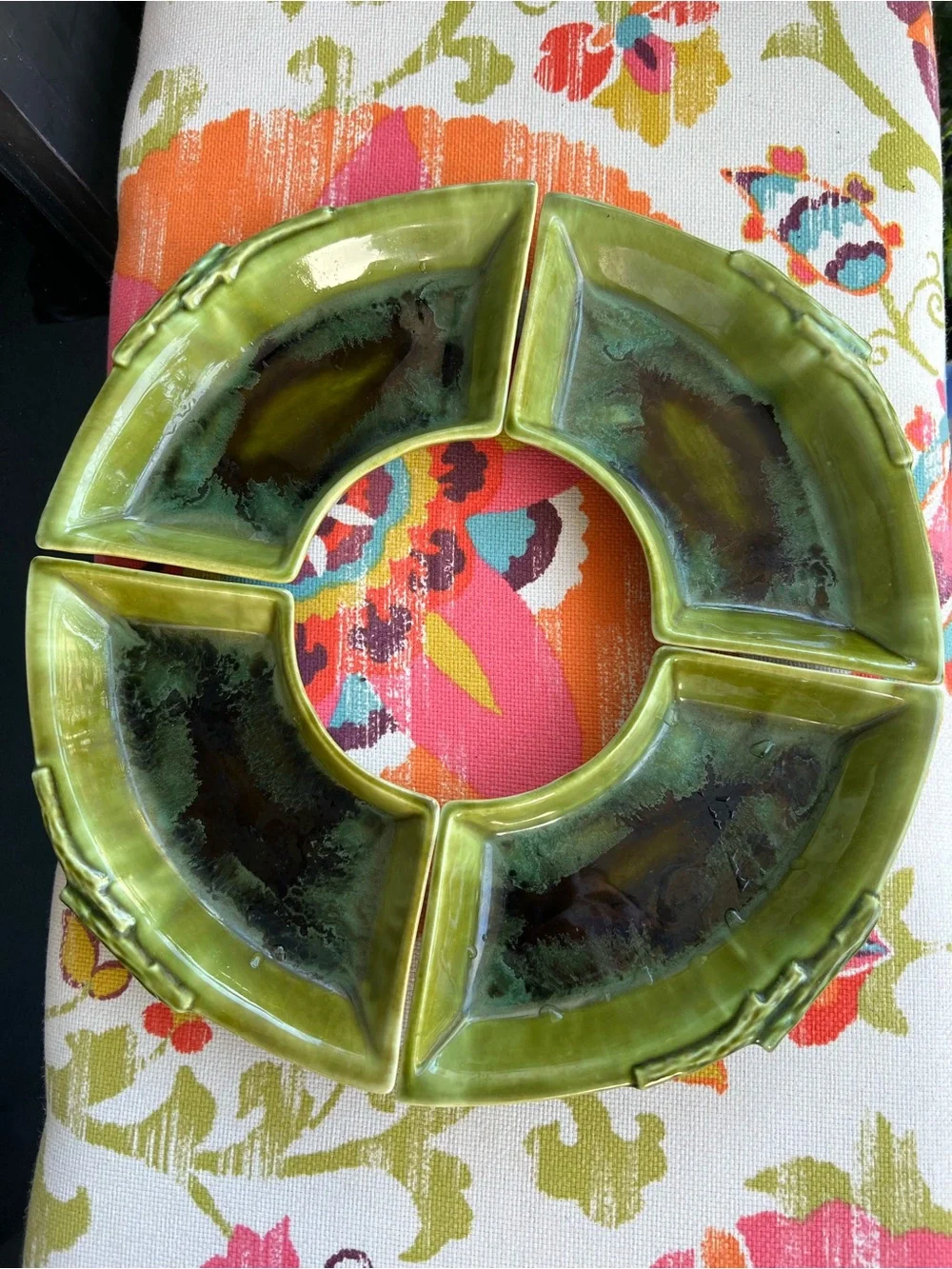 Vintage Wade California 504 Green Drip Glaze Bamboo Snack Serving Trays Set of 4